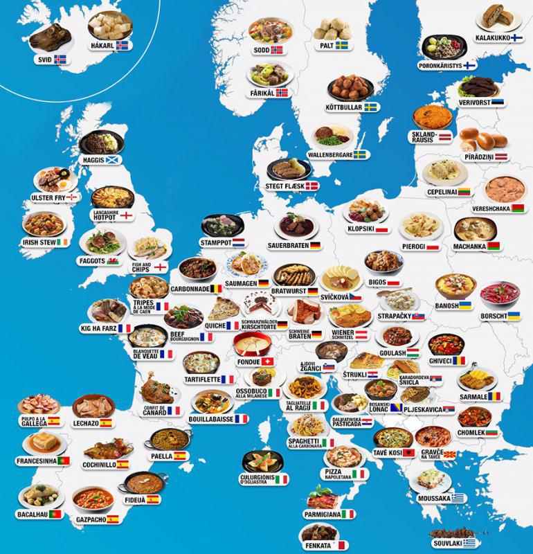 Eiropas tipiskāko ēdienu karte Autors: Moltres Dažādu valstu populārākie ēdieni apvienoti ģeogrāfijas kartēs