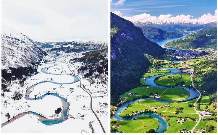 Norvēģijas upe ziemā un vasarā Autors: The Diāna Viss rodas no salīdzināšanas. 20 attēli, kas to lieliski apliecina