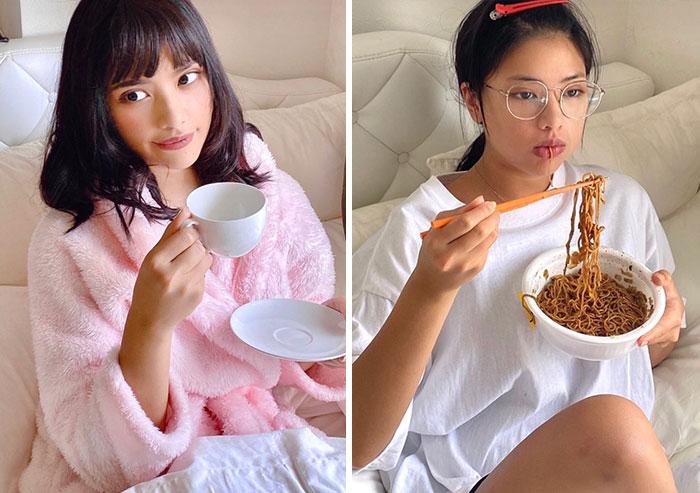 Rīta rutīnas ideāls pret... Autors: Zibenzellis69 Taizemes modele izveidoja smieklīgu fotoattēlu sēriju Instagram vs Reality