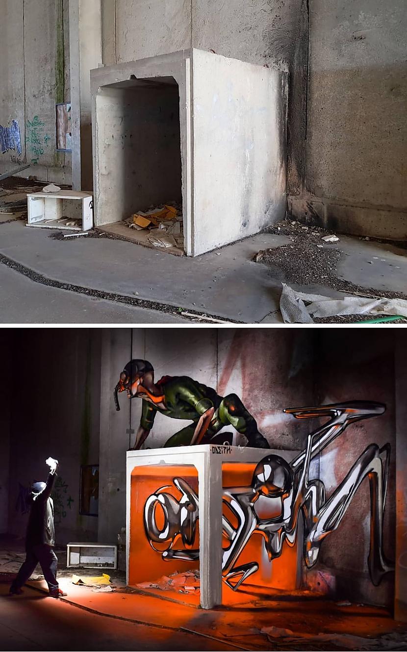 Vīrietis gāzmaskā Autors: Zibenzellis69 Portugāļu mākslinieks veido 3D grafiti, kas izskatās tik reālistiski